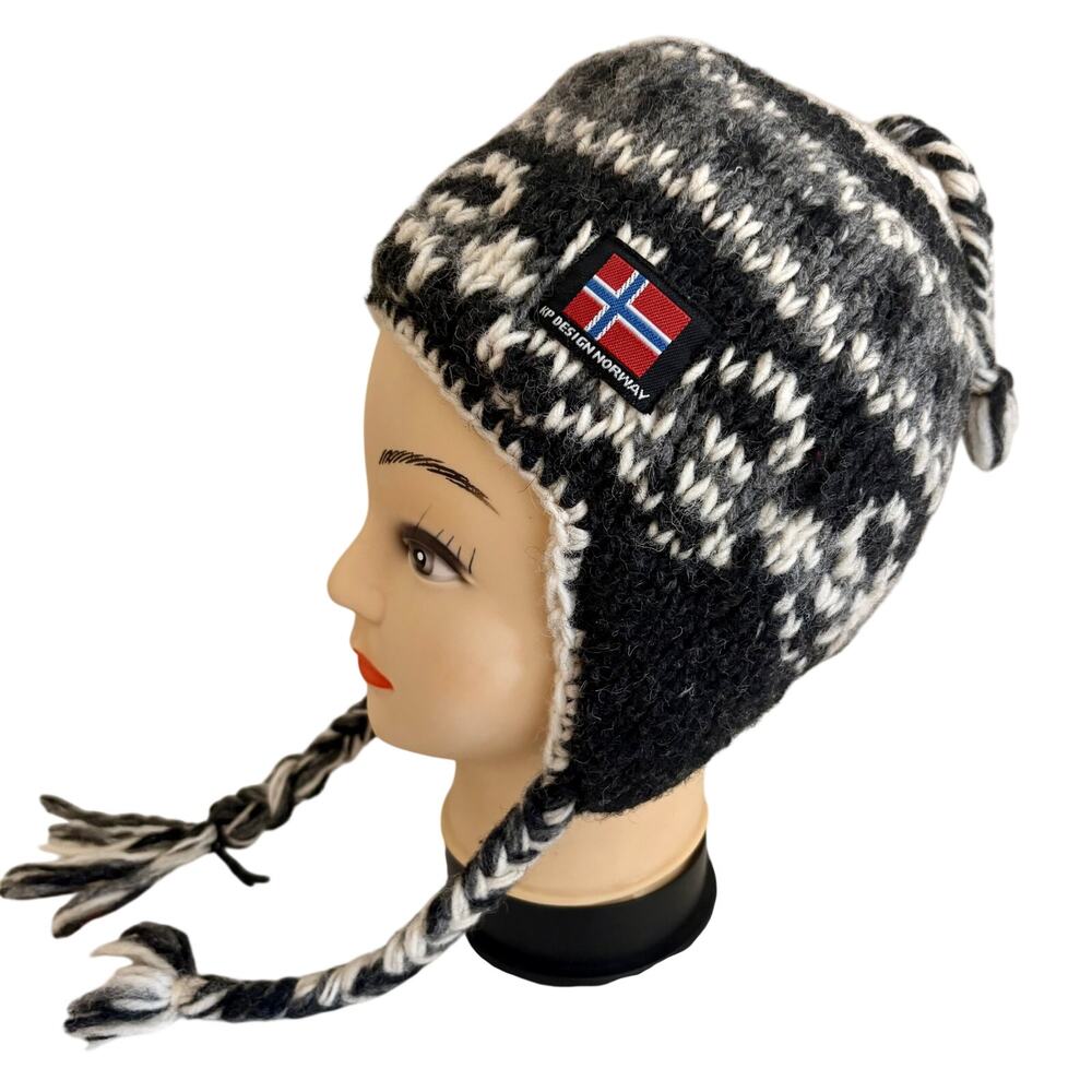 KP Designs Norway Hand Knit 100% Wool Nordic Fair Isle Hat Braided Lined